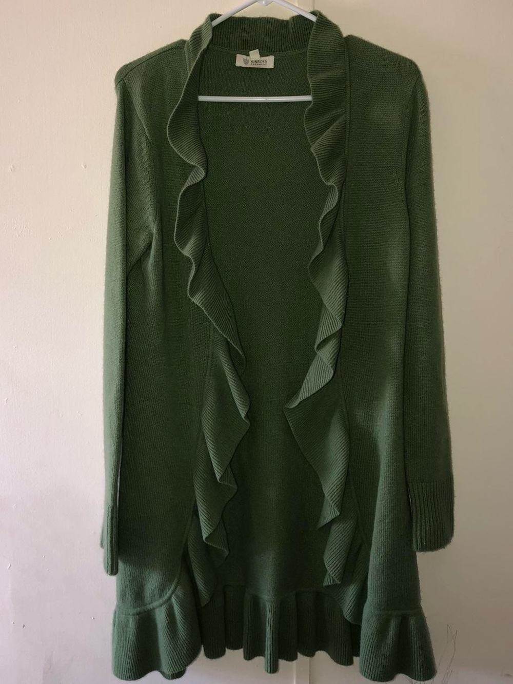 Kinross Green Ruffle-Trim Open-Front Sweater Cardigan